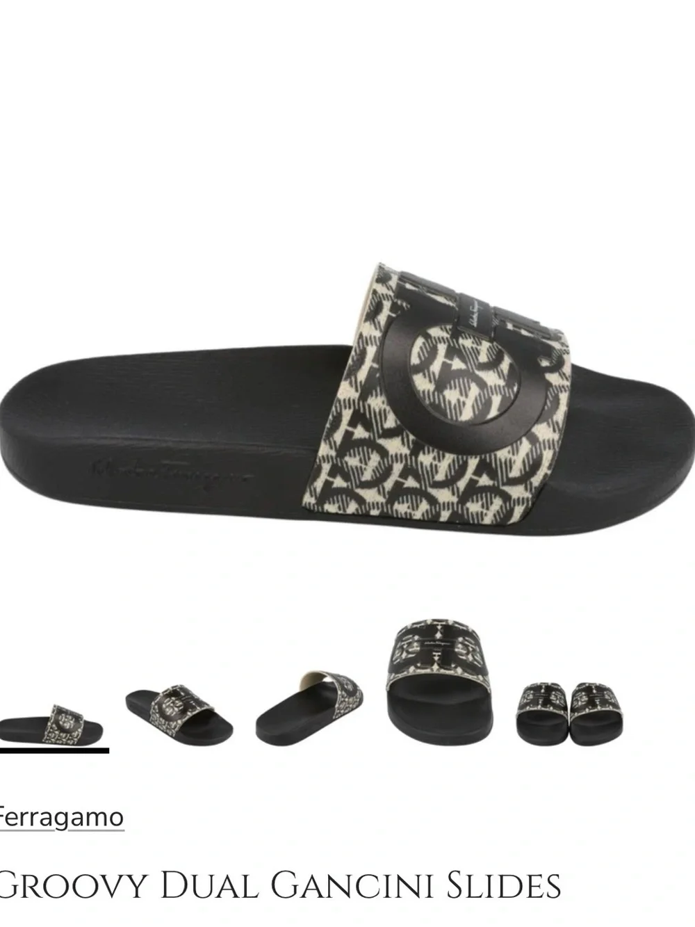 Salvatore Ferragamo Black and Cream Groovy Dual Gancini Slide Sandals
